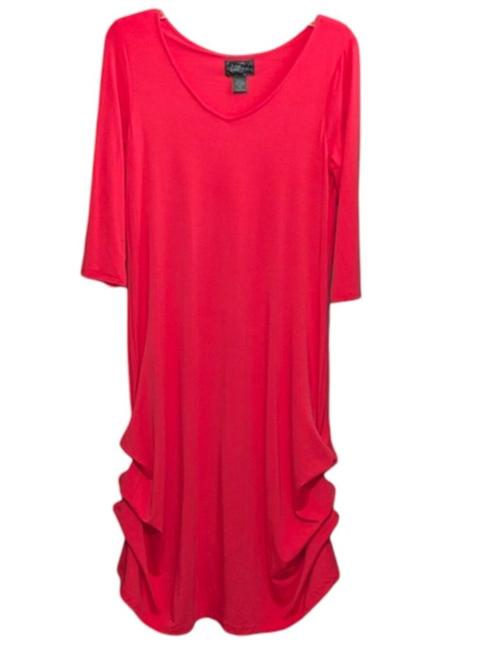 UBU Bamboo Midi Dress Womens Medium Coral Red V Neck 3/4 Sleeve Button Hem